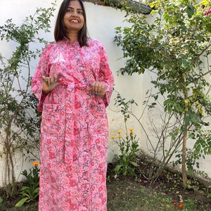 Batas tipo kimono de algodón con estampado de bloques para mujer, bata india con estampado de bloques, hecha a mano (largo y tamaño personalizados)