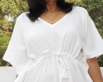 White Rayon Kaftan, Maxi Dress, Beach Dress, Beach Party Dress, Handmade, Loose fitting Maternity Dress, Evening Dress