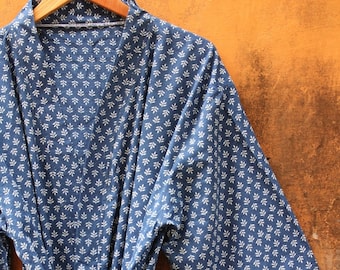Indigo Cotton Kimono Robes for Women Indian Dressing Gown Unisex Blockprint Beach Cover ups Bridesmaid Gifts