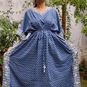 Summer Cotton Kaftan, Blue beach cover loungewear, Indigo Block print Resort wear, Indian blockprint caftan, Moroccan kaftan,Loose Kimono