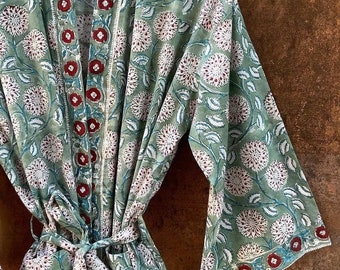 Handblock Cotton Kimono Robes for Women Indian Dressing Gown Unisex Blockprint Beach Cover ups Bridesmaid Gifts
