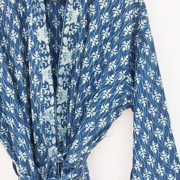 Indigo Cotton Kimono Robes for Women Indian Dressing Gown Unisex Blockprint Beach Cover ups Bridesmaid Gifts