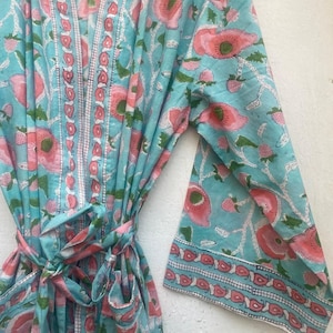 Batas tipo kimono de algodón con estampado de bloques para mujer, bata india, bata de playa unisex con estampado de bloques, regalos para damas de honor