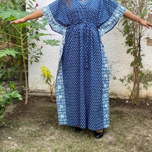 Summer Cotton Kaftan, Blue beach cover loungewear, Indigo Block print Resort wear, Indian blockprint caftan, Moroccan kaftan,Loose Kimono image 5