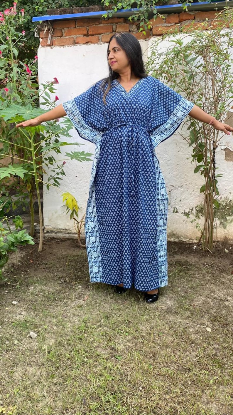 Summer Cotton Kaftan, Blue beach cover loungewear, Indigo Block print Resort wear, Indian blockprint caftan, Moroccan kaftan,Loose Kimono image 5