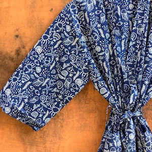 Indigo Cotton Kimono Robes for Women Indian Dressing Gown Unisex Blockprint Beach Cover ups Bridesmaid Gifts