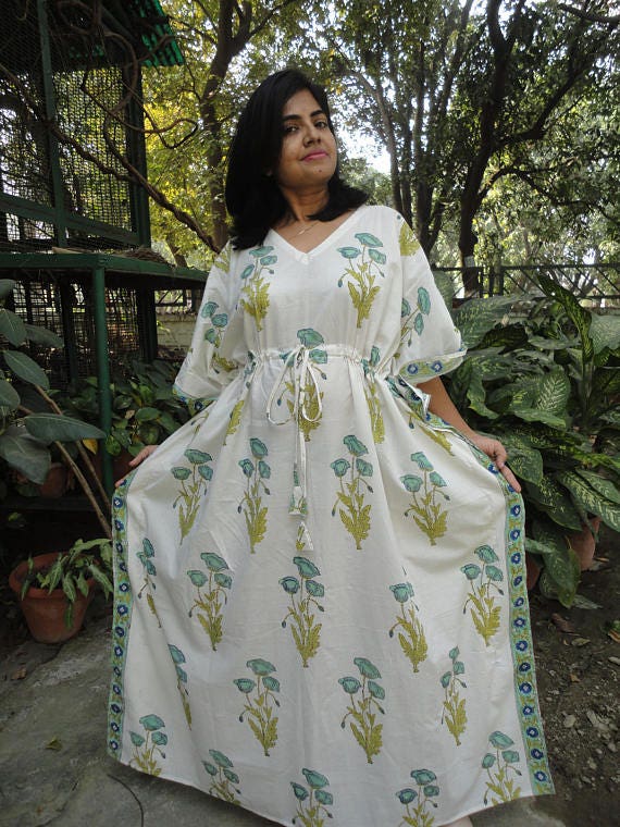 Pure Cotton Long Maxi Dress Indian Block Print Colourful Summer Earthy  Elegant Comfy Daywear Beach Outfit Green Dream Floral Vacation - Etsy