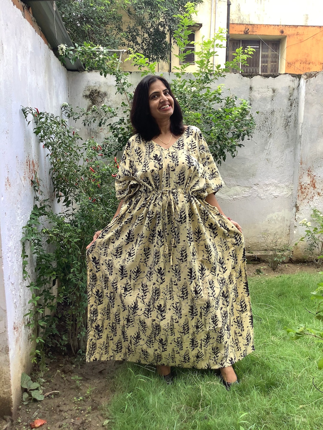 Boutique Uma Women's Cotton Caftan Nighty - Batik Paisley Floral Kaftan Maxi Dress & Beach Cover Up