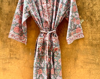 Blockprint Cotton Kimono Robes for Women Indian Dressing Gown | Etsy
