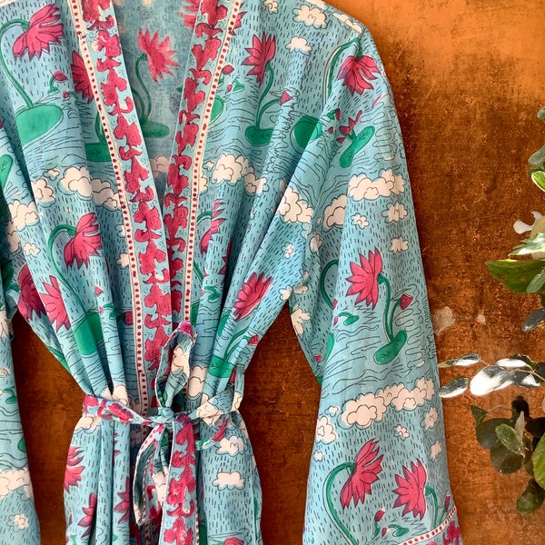 Cotton Kimono Robes for Women Indian Dressing Gown Unisex Blockprint Beach Cover ups Bridesmaid Gifts