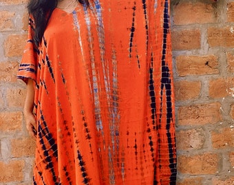 Vestido caftán largo de rayón teñido anudado: bata kimono, talla grande