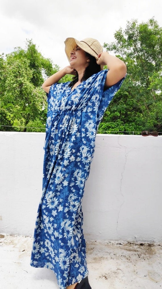 Indian Hand Block Print Long cotton Kaftan Maxi Dress, Blue Hippie Boho  Caftans