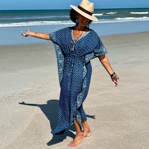 Summer Cotton Kaftan, Blue beach cover loungewear, Indigo Block print Resort wear, Indian blockprint caftan, Moroccan kaftan,Loose Kimono