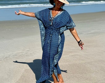 Summer Cotton Kaftan, Blue beach cover loungewear, Indigo Block print Resort wear, Indian blockprint caftan, Moroccan kaftan,Loose Kimono