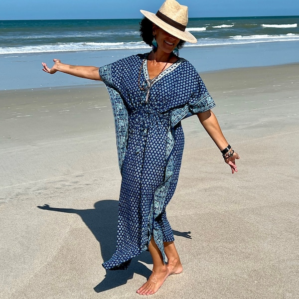 Summer Cotton Kaftan, Blue beach cover loungewear, Indigo Block print Resort wear, Indian blockprint caftan, Moroccan kaftan,Loose Kimono