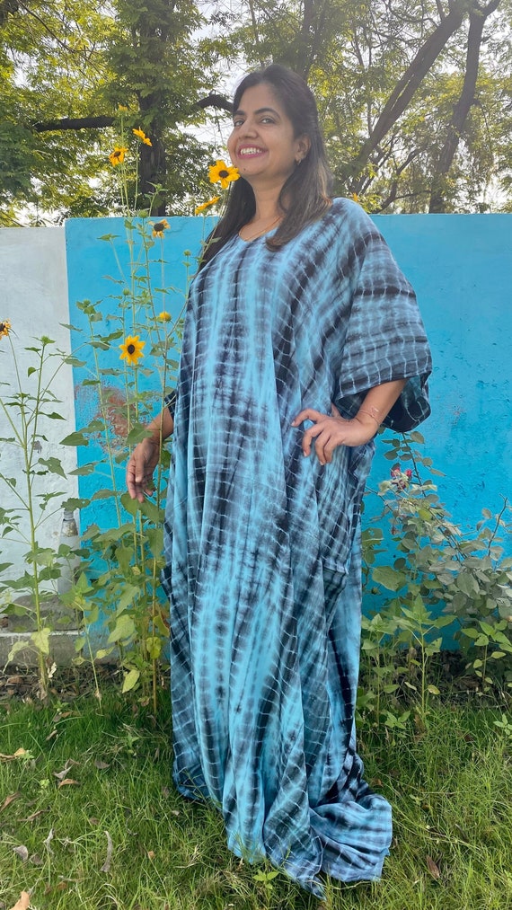 Tie-Dyed Cotton Kaftan Maxi Dress: Boho Kimono Tunic
