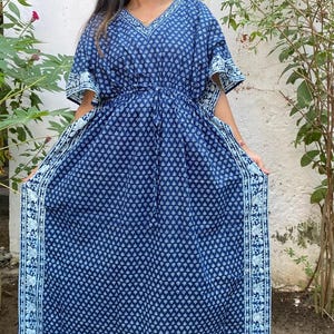 Summer Cotton Kaftan, Blue beach cover loungewear, Indigo Block print Resort wear, Indian blockprint caftan, Moroccan kaftan,Loose Kimono image 4