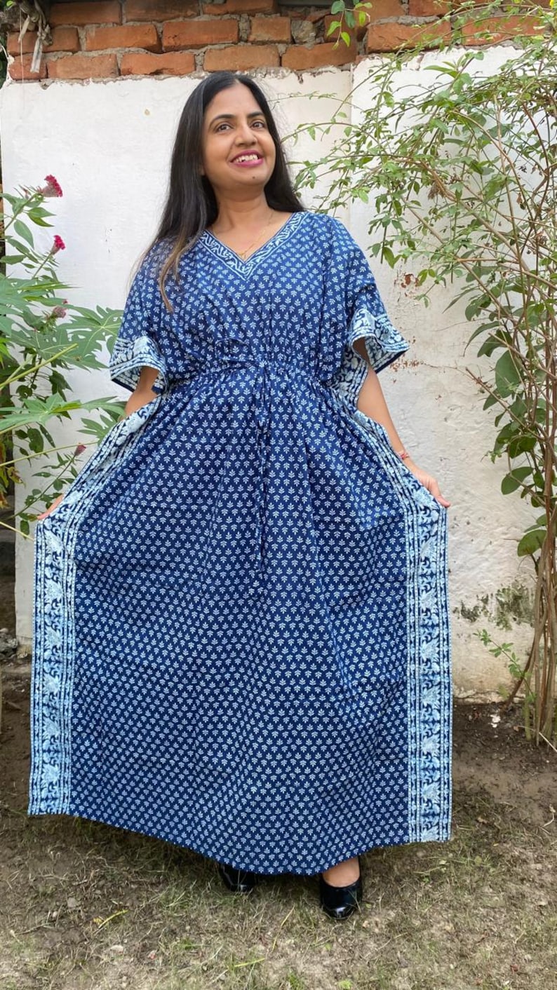 Summer Cotton Kaftan, Blue beach cover loungewear, Indigo Block print Resort wear, Indian blockprint caftan, Moroccan kaftan,Loose Kimono image 4