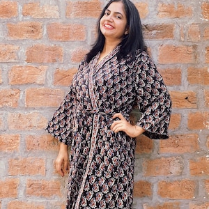 Batas tipo kimono de algodón con estampado de bloques para mujer, bata india, bata de playa unisex con estampado de bloques, regalos para damas de honor