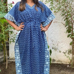 Summer Cotton Kaftan, Blue beach cover loungewear, Indigo Block print Resort wear, Indian blockprint caftan, Moroccan kaftan,Loose Kimono image 6