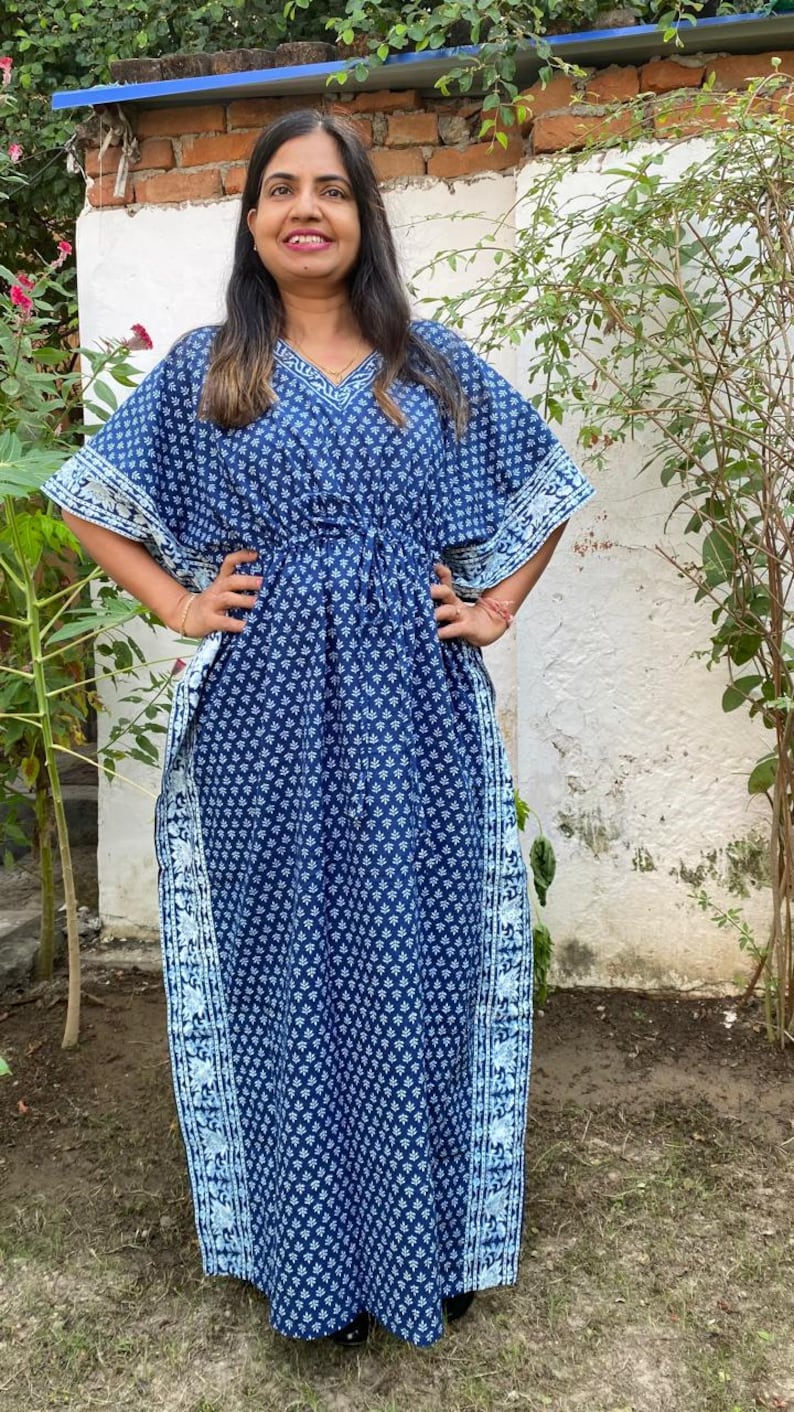 Summer Cotton Kaftan, Blue beach cover loungewear, Indigo Block print Resort wear, Indian blockprint caftan, Moroccan kaftan,Loose Kimono image 6