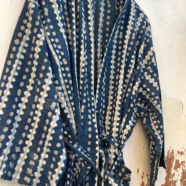 Indigo Cotton Kimono Robes for Women Indian Dressing Gown Unisex Blockprint Beach Cover ups Bridesmaid Gifts