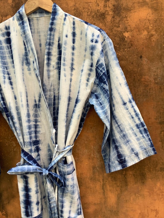 Indigo Dyed Kimono Cardigan, Cotton Kimono Robe, Bridal Robe