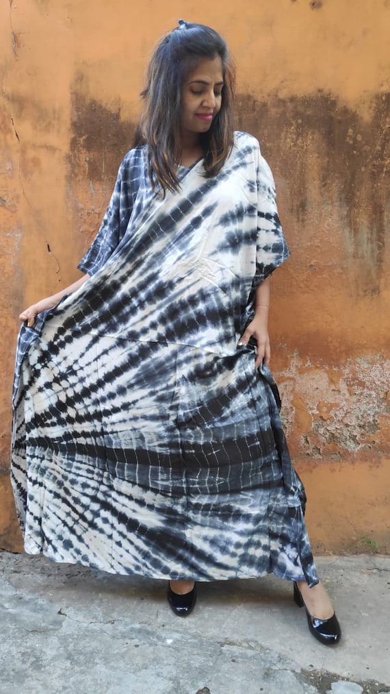 Buy Black and White Tie Dyed RAYON Kaftan Kaftan Dress Batik
