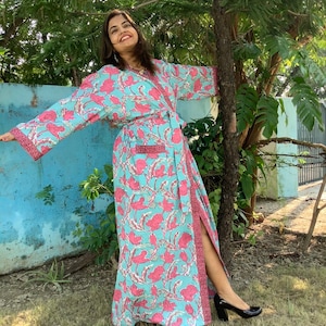 Cotton Kimono Robes for Women Indian Dressing Gown Unisex Blockprint Beach Cover ups Bridesmaid Gifts