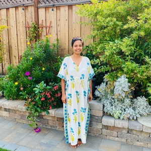 Serene floral Cotton Caftan with both sides borders-beach cover ups, perfect loungewear, nightgown, vacation dress