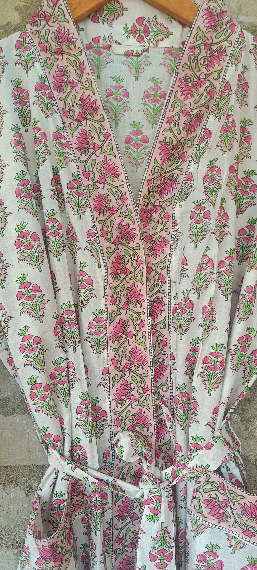 Pink Floral Cotton Kimono Robe Kimono Robes Dressing Gown Women's ...