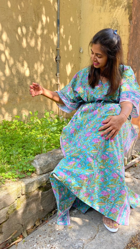 Summer Cotton Kaftan, Blue beach cover loungewear, Indigo Block print Resort wear, Indian blockprint caftan, Moroccan kaftan,Loose Kimono