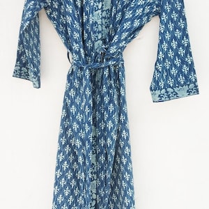 Indigo Cotton Kimono Robes for Women Indian Dressing Gown Unisex Blockprint Beach Cover ups Bridesmaid Gifts image 3