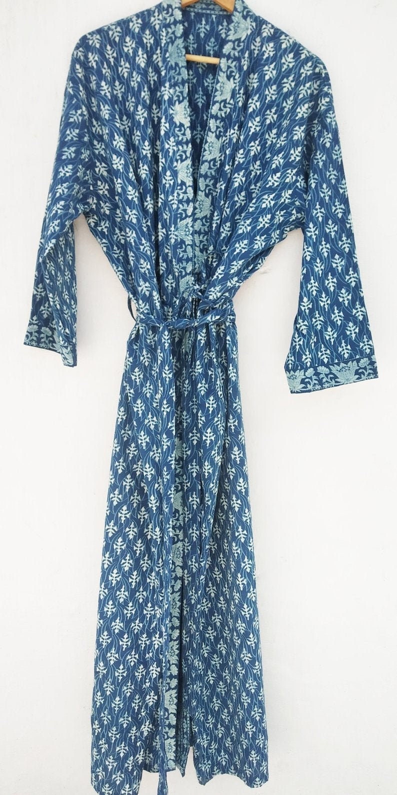 Indigo Cotton Kimono Robes for Women Indian Dressing Gown Unisex Blockprint Beach Cover ups Bridesmaid Gifts image 3
