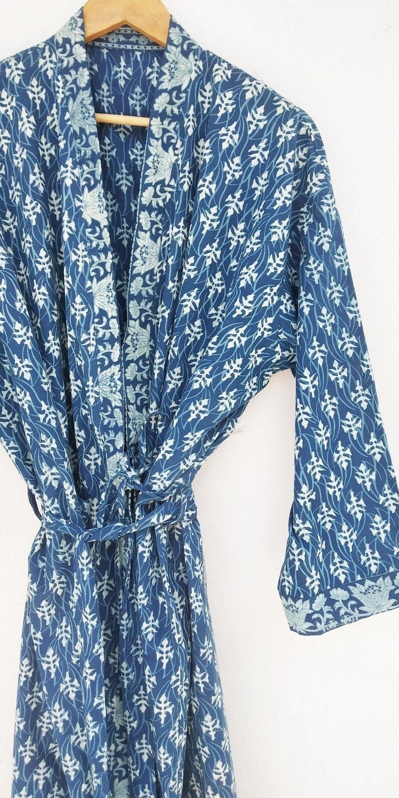 Indigo Cotton Kimono Robes for Women Indian Dressing Gown Unisex Blockprint Beach Cover ups Bridesmaid Gifts image 1