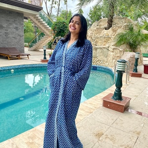 女性用インディゴコットン着物ローブ インド風ドレッシングガウン ユニセックス ブロックプリント ビーチカバーアップ ブライズメイドギフト