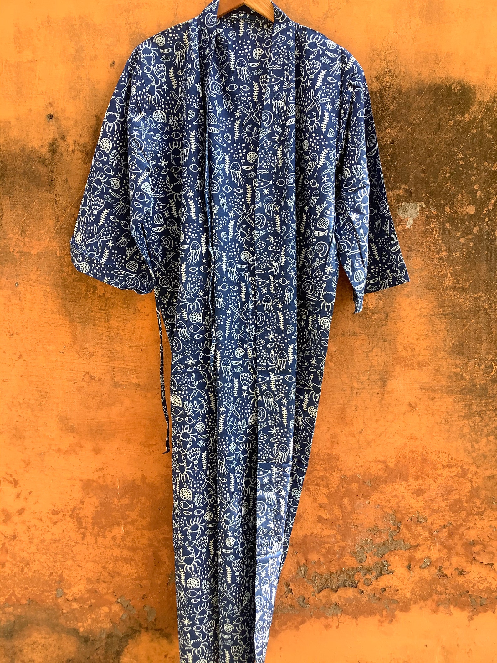 Indigo Cotton Kimono Robes for Women Indian Dressing Gown | Etsy