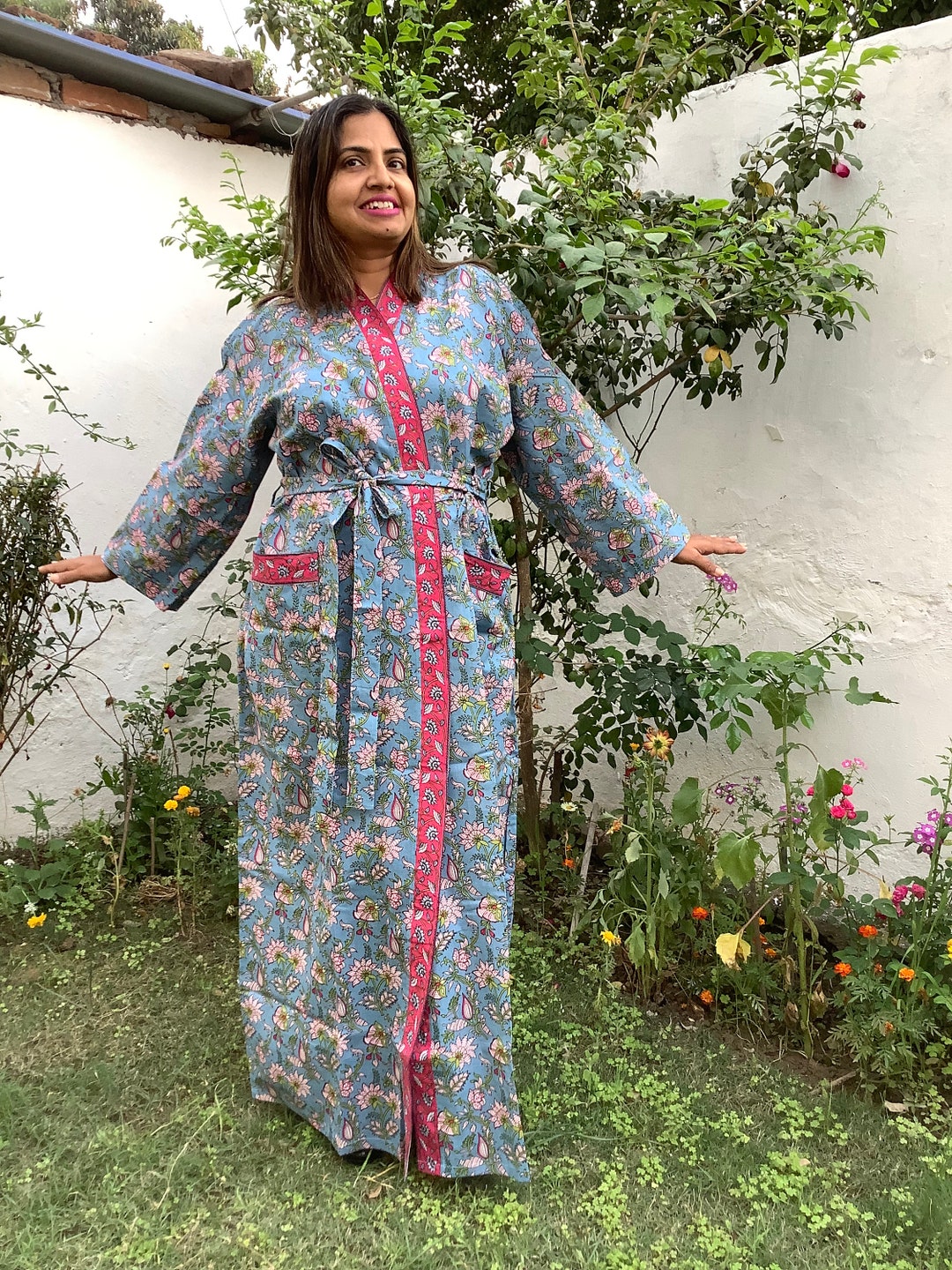 kimono dressing gown cotton Hand Block Print Robes for Women, Long Length Floral Print Nightgown, Bikani cover- up cotton kimono (Cotton, Blue) at Amazon Women's Clothing store Every kimono is handmade by an individual maker Asteria Kimono Robe in Pink