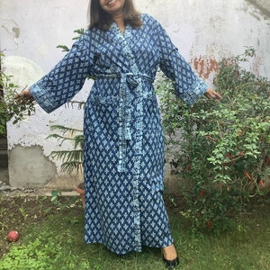 Indigo Cotton Kimono Robes for Women Indian Dressing Gown Unisex Blockprint Beach Cover ups Bridesmaid Gifts image 8