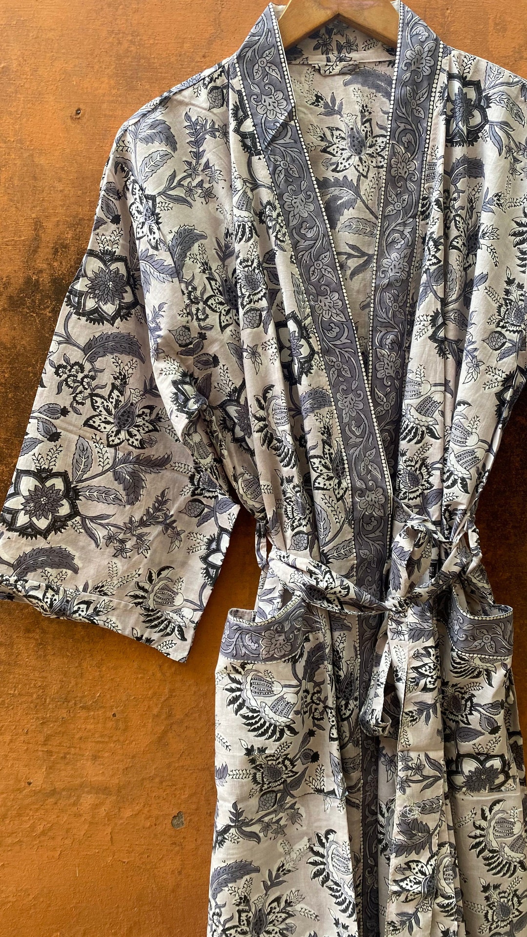 Native American Blues Kimono Dressing Gown - Organic Brushed Cotton House Robe
