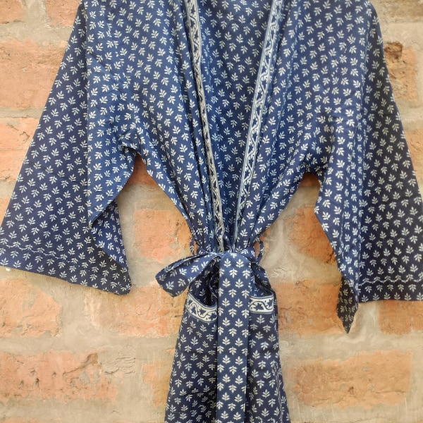 Indigo Cotton Kimono Robes for Women Indian Dressing Gown Unisex Blockprint Beach Cover ups Bridesmaid Gifts