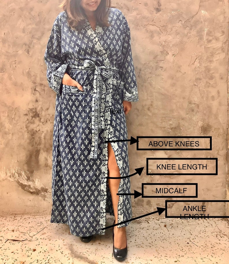 Indigo blue pure cotton robe available in various lengthsand sizes .Also customisable as per yourheight and size.