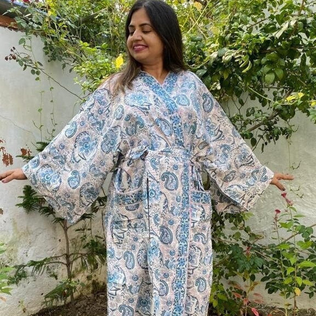 Block Print Robe Hand Block Print Kimono Robe, Cotton Bathrobe, Lightweight Cotton Robe ...