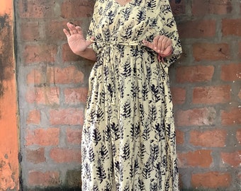 UKAL 2-Pack Cotton Batik Kaftan Dress - Bohemian Long Caftan, One Size With Drawstring (Beige)