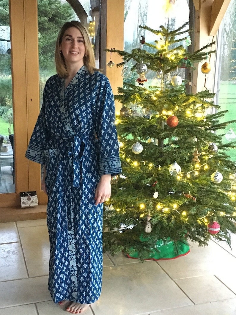 Indigo Cotton Kimono Robes for Women Indian Dressing Gown Unisex Blockprint Beach Cover ups Bridesmaid Gifts Ankle