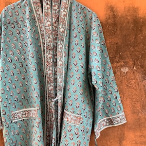 Teal Cotton Kimono Robes for Women Indian Dressing Gown Unisex Blockprint Beach Cover ups Bridesmaid Gifts