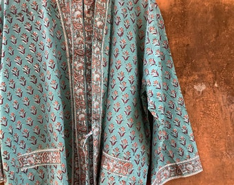 Teal Cotton Kimono Robes for Women Indian Dressing Gown Unisex Blockprint Beach Cover ups Bridesmaid Gifts