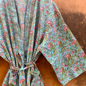 Batas tipo kimono de algodón con estampado de bloques para mujer, bata india, bata de playa unisex con estampado de bloques, regalos para damas de honor