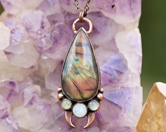 Labradorite, Prehnite, and Moonstone pendant necklace - Crystal Pendant - Crystal Necklace - Copper Pendant - Labradorite Talisman