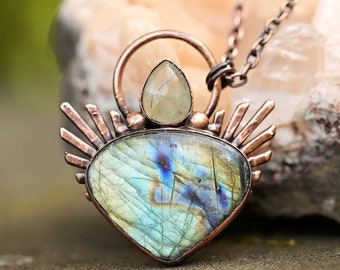 Labradorite and Prehnite Pendant Necklace - Crystal Pendant - Boho Necklace - Copper Electroform Jewelry